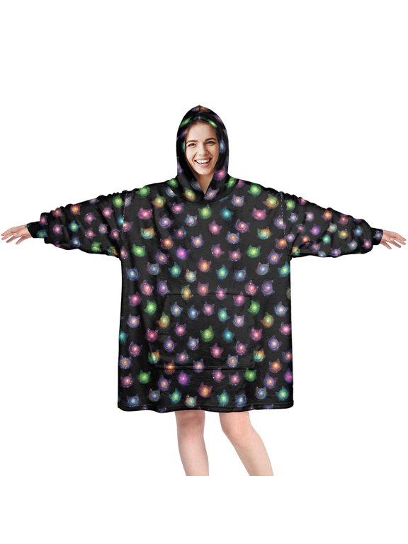 Wearable Blanket Hoodie,Galaxy Cat Head Black Pattern Oversized Sherpa Blanket Hoodie with Super Pockets,Super Warm Fuzzy Pullover for Women & Men