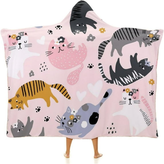 Wearable Blanket Hoodie Gifts for Women Cartoon Cat Blanket for Cat Lovers, Cat Hoodie Blanket Gifts for Adults