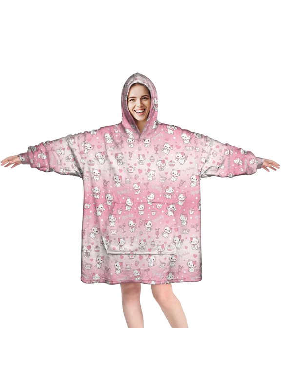 Wearable Blanket Hoodie,Kawaii Cat and Tea Pink Pattern Oversized Sherpa Blanket Hoodie with Super Pockets,Super Warm Fuzzy Pullover for Women & Men