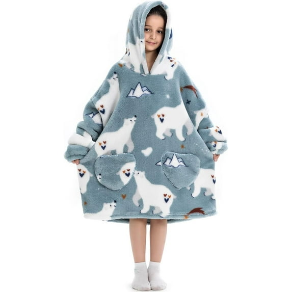 Wearable Blanket Hoodie Kids, Oversized Blanket Sweatshirt with Sherpa Teen Girl Gifts for Kids, Youth, Boys, Girls, 7-13 Year Old Girl Boy Gift Warm Teen One Size(Polar Bear, 7-13 Years)