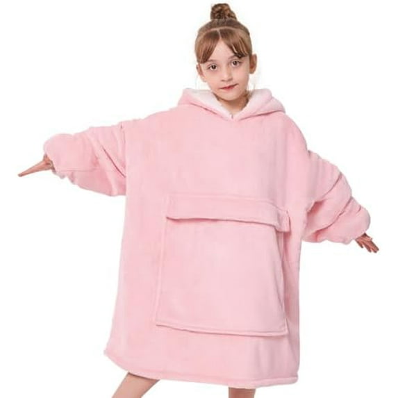 Wearable Blanket Hoodie Kids, Oversized Blanket Sweatshirt with Sherpa Teen Girl Gifts for Kids, Youth, Boys, Girls, 8-15 Year Old Girl Boy Gift Warm Wearable Blankets, One Size, Light Pink