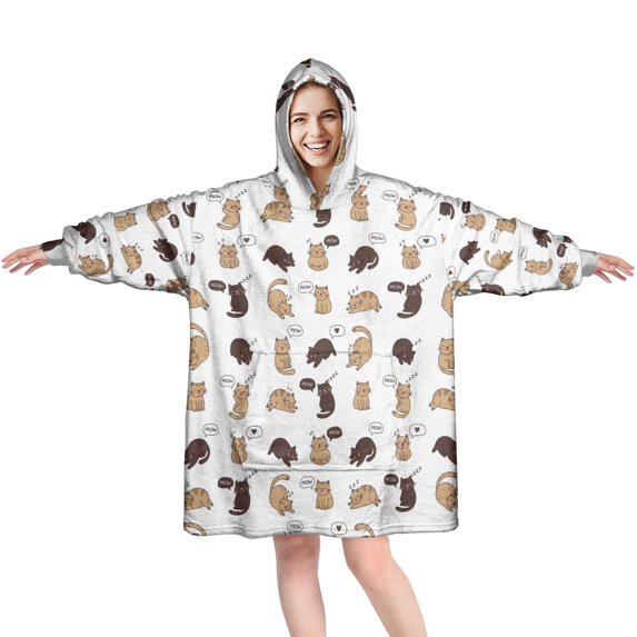 Wearable Blanket Hoodie,Multicolor Cat White Pattern Oversized Sherpa Blanket Hoodie with Super Pockets,Super Warm Fuzzy Pullover for Women & Men