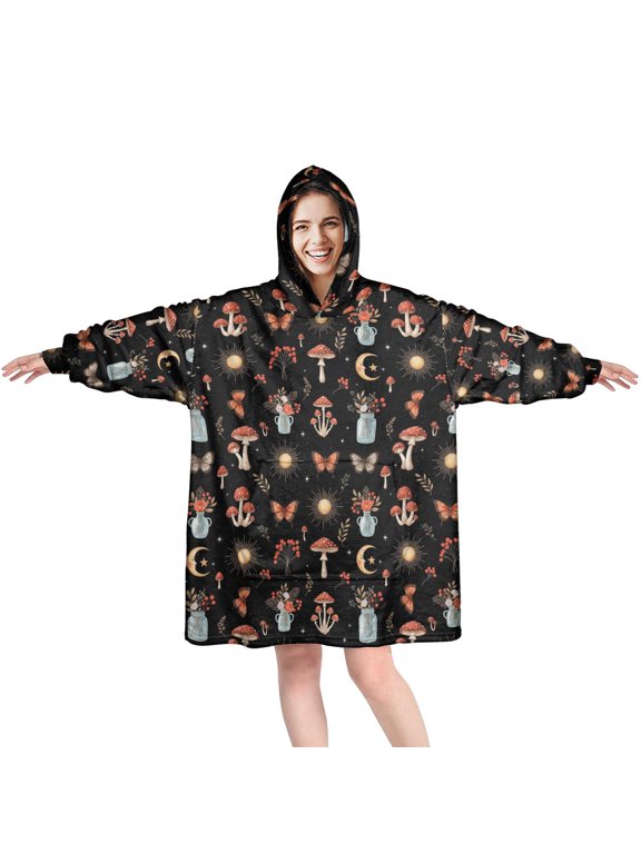 Wearable Blanket Hoodie,Mushroom and Sun Gothic Pattern Oversized Sherpa Blanket Hoodie with Super Pockets,Super Warm Fuzzy Pullover for Women & Men