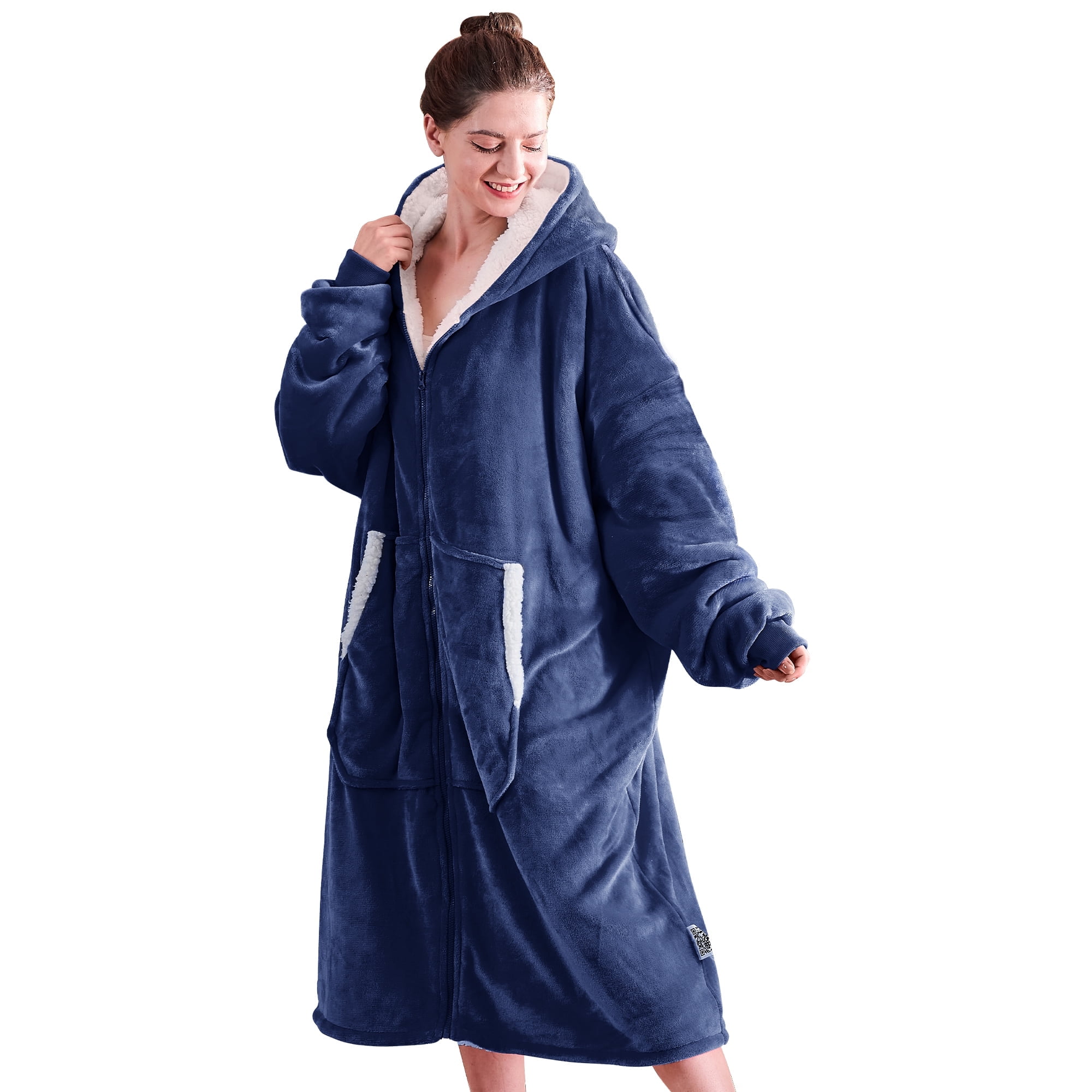 Wearable Blanket Hoodie, Oversized Giant Hoodie Wearable Blanket Sweatshirt for Adult, Sherpa Fleece Blanket Hoodie with Pocket, Warm Cozy Blanket with Zipper Sleeves Blue