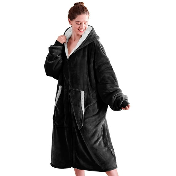 Wearable Blanket Hoodie, Oversized Giant Hoodie Wearable Blanket Sweatshirt for Adult, Sherpa Fleece Blanket Hoodie with Pocket, Warm Cozy Blanket with Zipper Sleeves Black