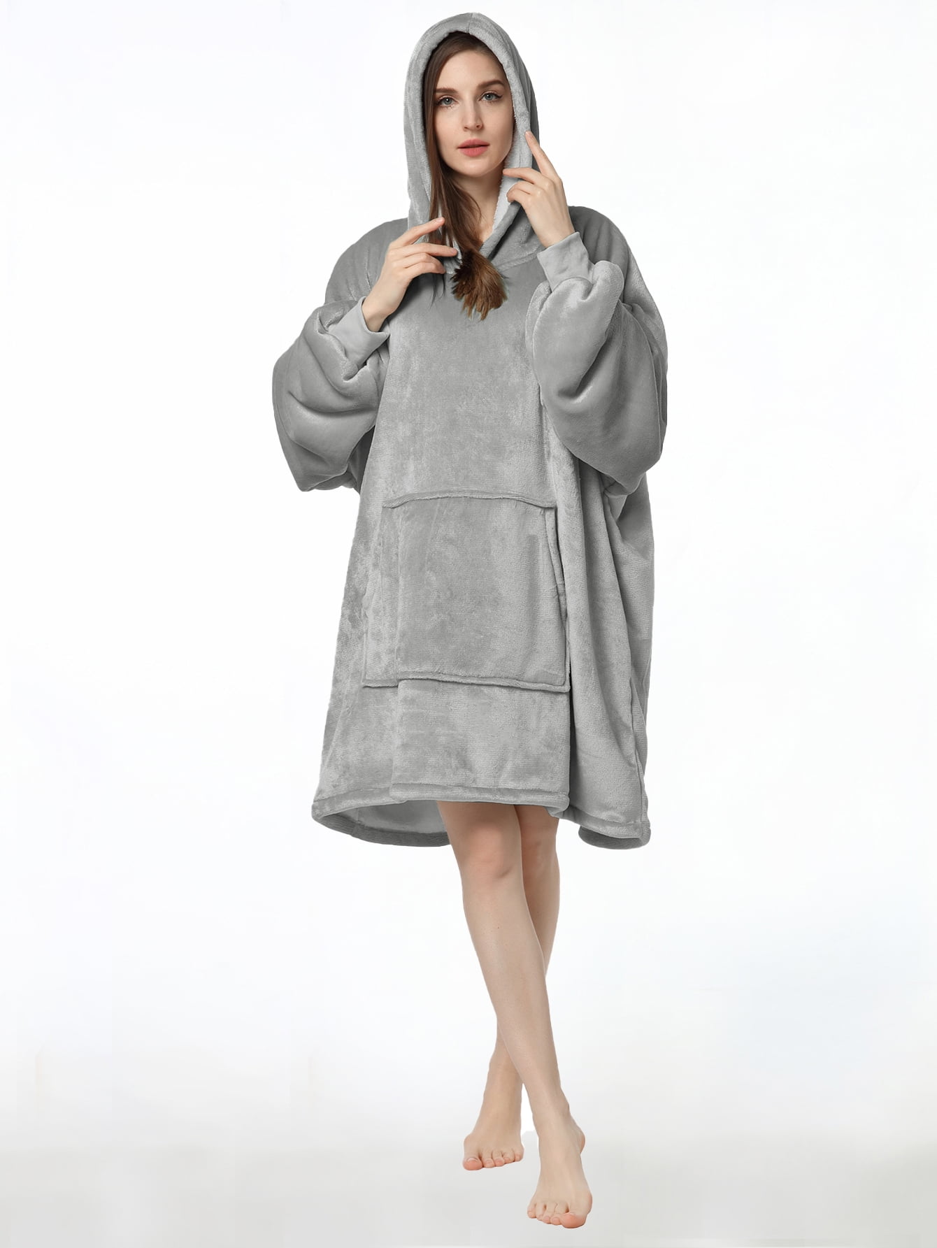 Wearable Blanket Hoodie, Oversized Sherpa Fleece Sweatshirt Blanket with Giant Hood Pocket and Sleeves for Adult, Warm & Cozy Grey Blanket