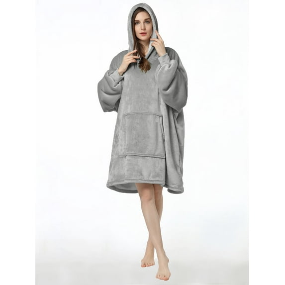Wearable Blanket Hoodie, Oversized Sherpa Fleece Sweatshirt Blanket with Giant Hood Pocket and Sleeves for Adult, Warm & Cozy Grey Blanket