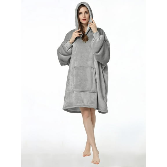 Wearable Blanket Hoodie, Oversized Sherpa Fleece Sweatshirt Blanket with Giant Hood Pocket and Sleeves for Adult, Warm & Cozy Grey Blanket