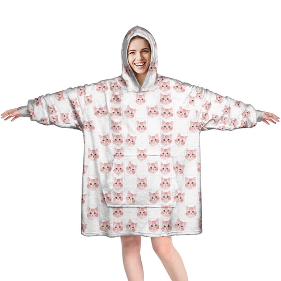 Wearable Blanket Hoodie,Pink Cat Head White Pattern Oversized Sherpa Blanket Hoodie with Super Pockets,Super Warm Fuzzy Pullover for Women & Men