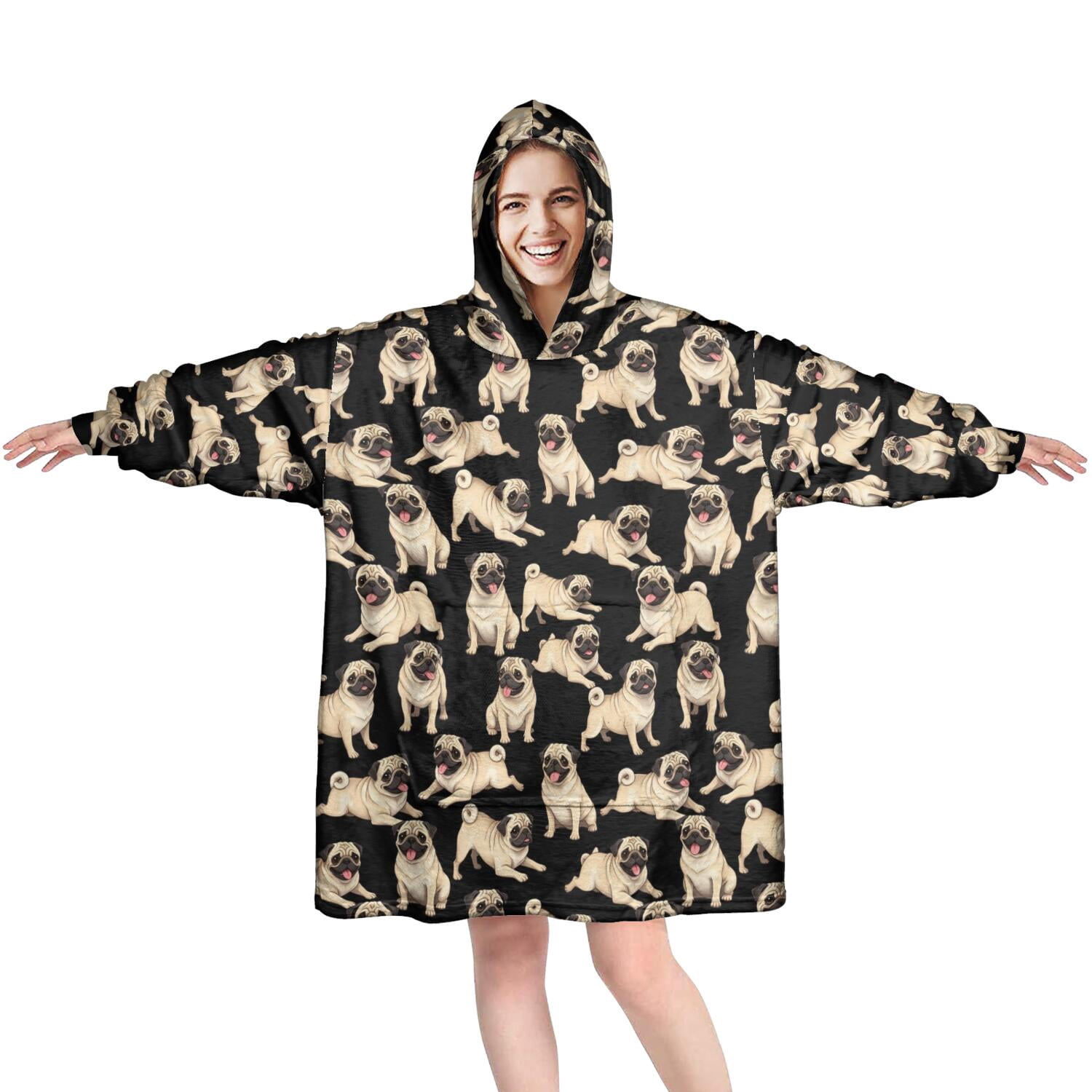 Wearable Blanket Hoodie,Pug Black Pattern Oversized Sherpa Blanket Hoodie with Super Pockets,Super Warm Fuzzy Pullover for Women & Men