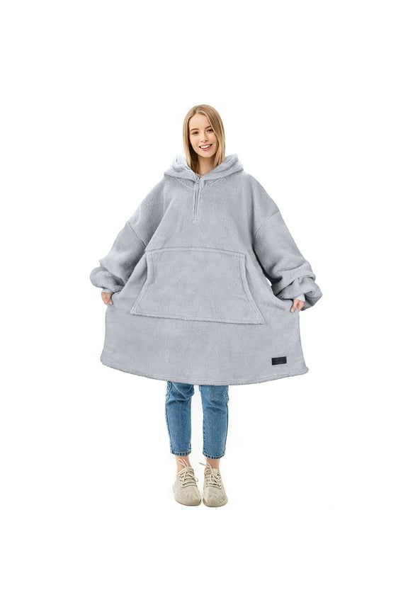 Wearable Blanket Hoodie Women - Long Sherpa Hooded Blanket for Adult Warm Cozy Blanket Sweatshirt Gifts for Women Men, Standard, Grey