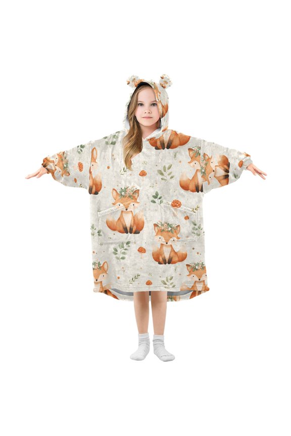 Wearable Blanket Hoodie for A Fox Wearing A Hat Made Of Wildflowers Flannel Hooded Blanket with Pockets and Sleeves Suitable