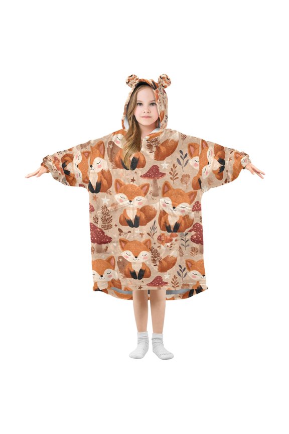 Wearable Blanket Hoodie for A Little Fox with A Smiling Face. Flannel Hooded Blanket with Pockets and Sleeves Suitable