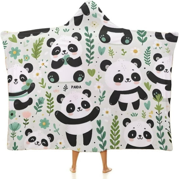 Wearable Blanket Hoodie for Adults & Kids, Cute Panda Robe Cloak Throw Poncho Flannel Warm Wrap Cape-C4-50x60