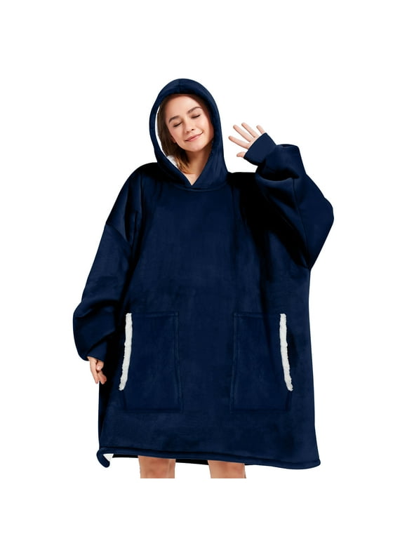 Wearable Blanket Hoodie for Adults Long Sherpa Oversized Sweatshirt Blanket with Pockets (Dark Navy)