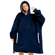 Wearable Blanket Hoodie for Adults Long Sherpa Oversized Sweatshirt Blanket with Pockets (Dark Navy)