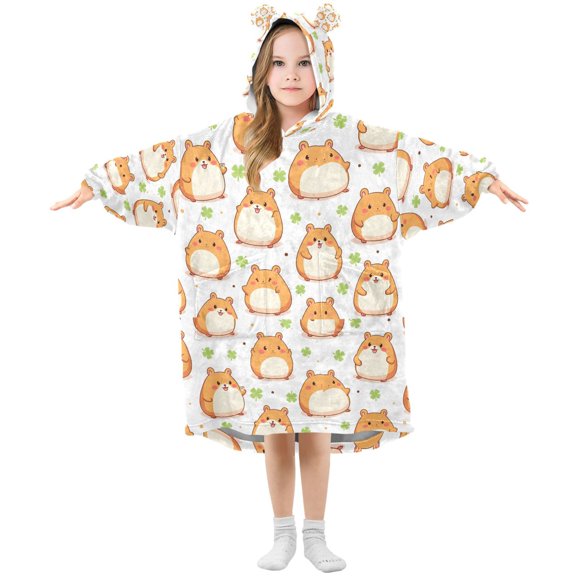 Wearable Blanket Hoodie for Animal Mouse Clover Flannel Hooded Blanket with Pockets and Sleeves Suitable