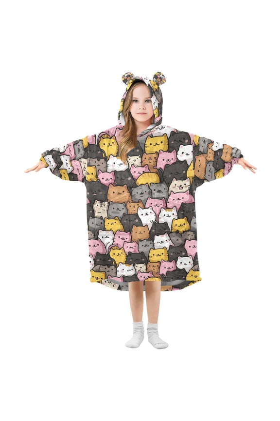 Wearable Blanket Hoodie for Anime Cats Flannel Hooded Blanket with Pockets and Sleeves Suitable