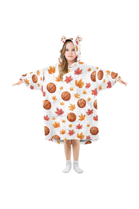 Wearable Blanket Hoodie for Basketball Maple Leaf Flannel Hooded Blanket with Pockets and Sleeves Suitable
