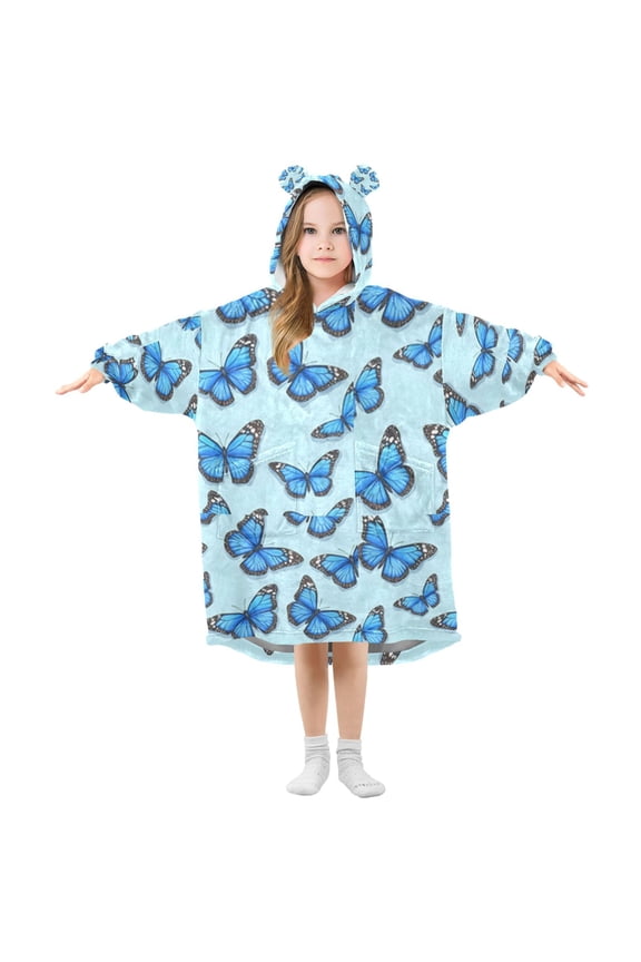 Wearable Blanket Hoodie for Blue Butterfly Pattern Flannel Hooded Blanket with Pockets and Sleeves Suitable
