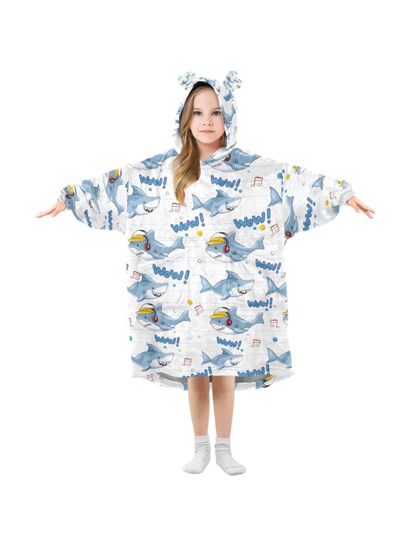 Wearable Blanket Hoodie for Blue Shark Flannel Hooded Blanket with Pockets and Sleeves Suitable