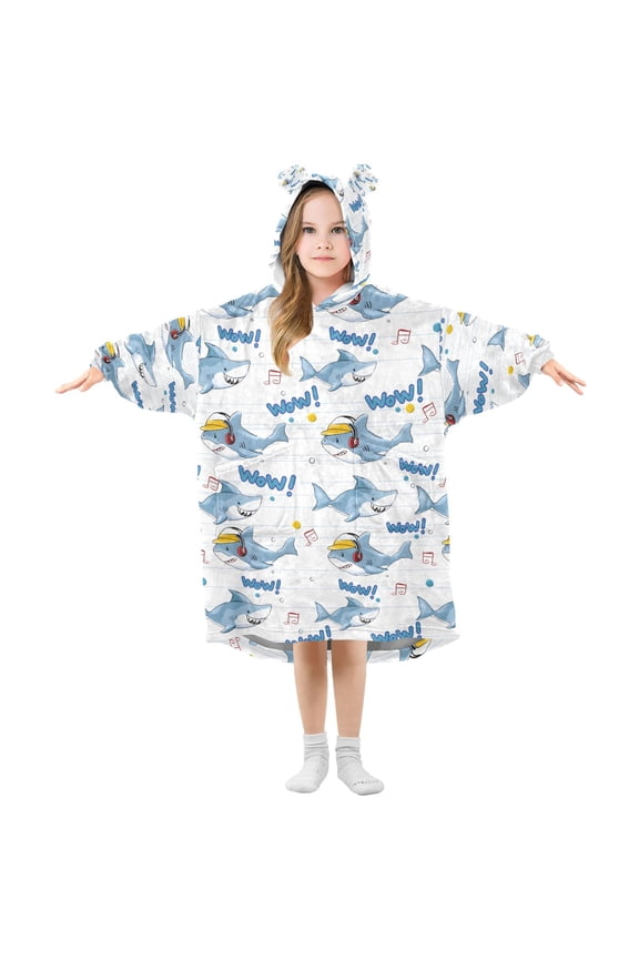 Wearable Blanket Hoodie for Blue Shark Flannel Hooded Blanket with Pockets and Sleeves Suitable