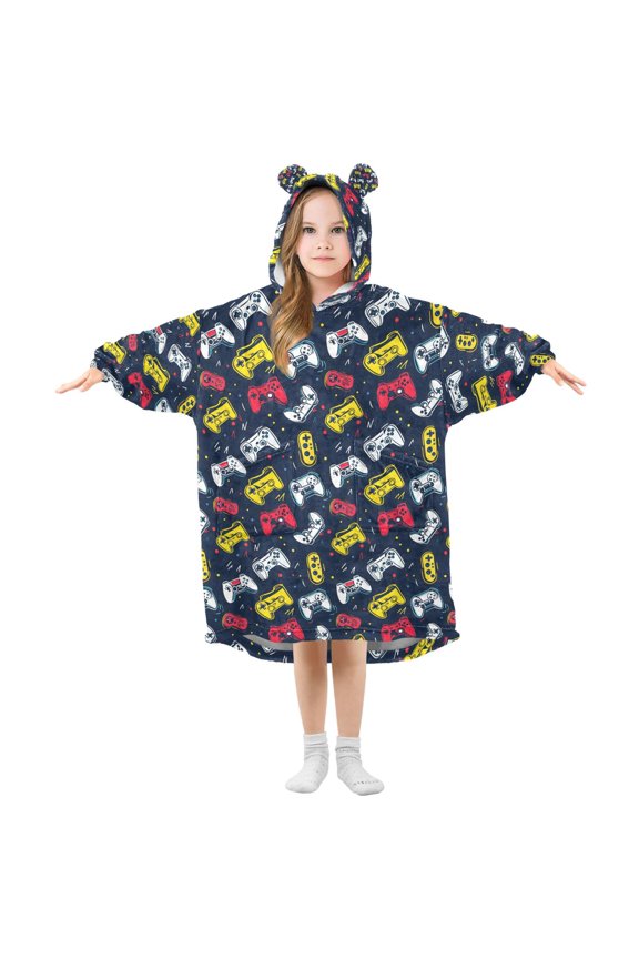 Wearable Blanket Hoodie for Bright Yellow Red Game Controller Pattern Flannel Hooded Blanket with Pockets and Sleeves Suitable