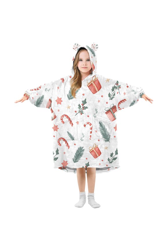 Wearable Blanket Hoodie for Candy Cane Gift Box Flannel Hooded Blanket with Pockets and Sleeves Suitable