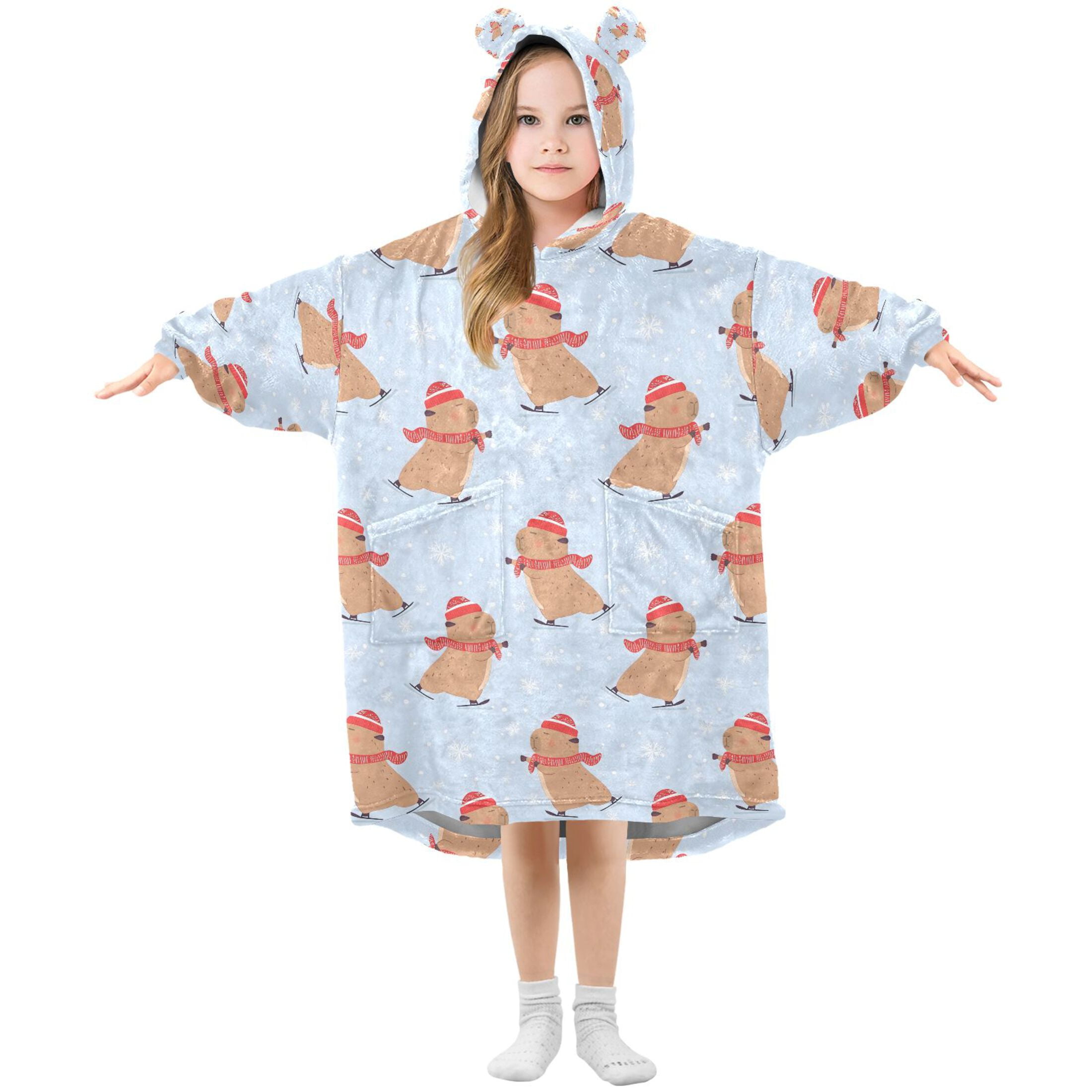 Wearable Blanket Hoodie for Capybara Skate Snowflake Pattern Flannel Hooded Blanket with Pockets and Sleeves Suitable