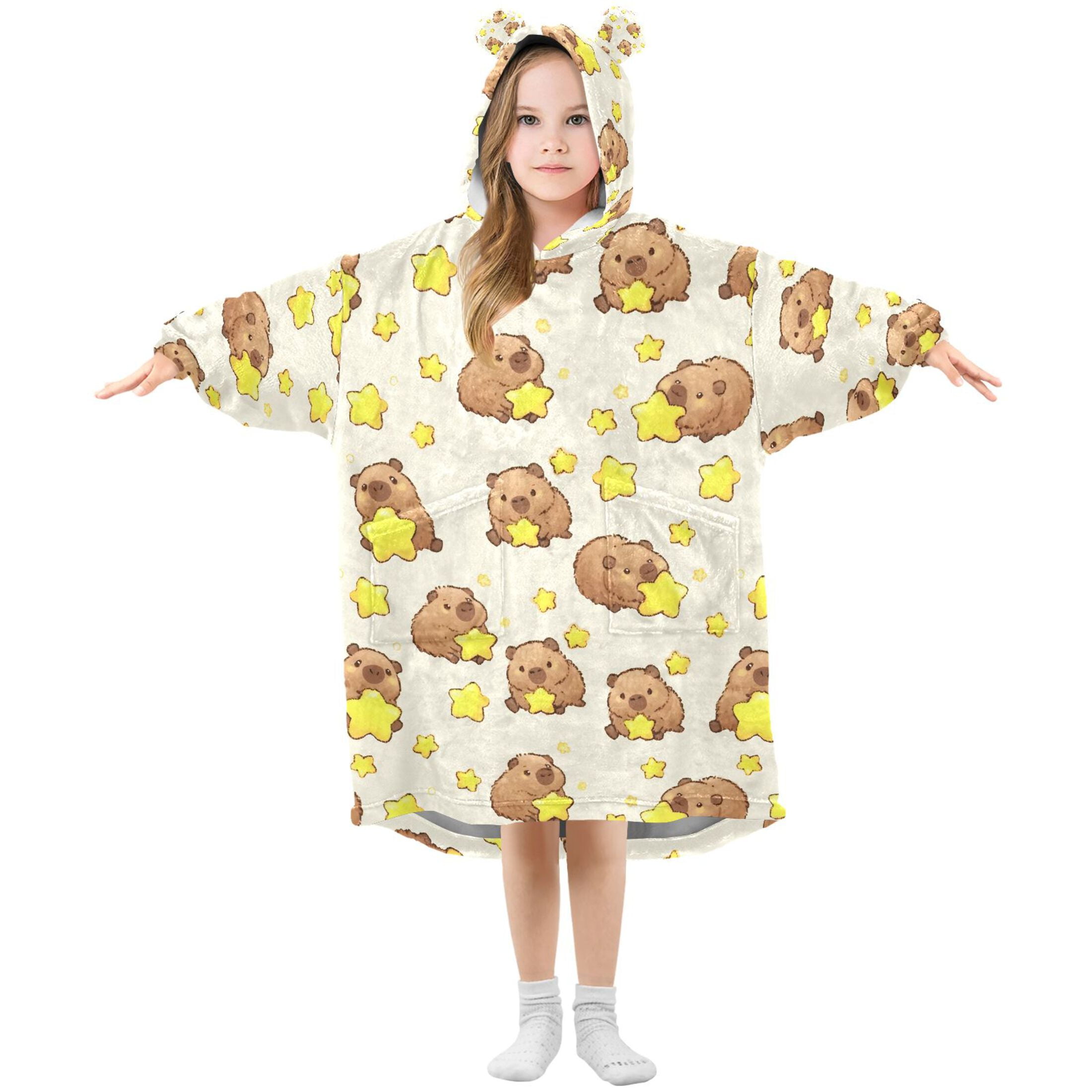 Wearable Blanket Hoodie for Capybara Star Flannel Hooded Blanket with Pockets and Sleeves Suitable