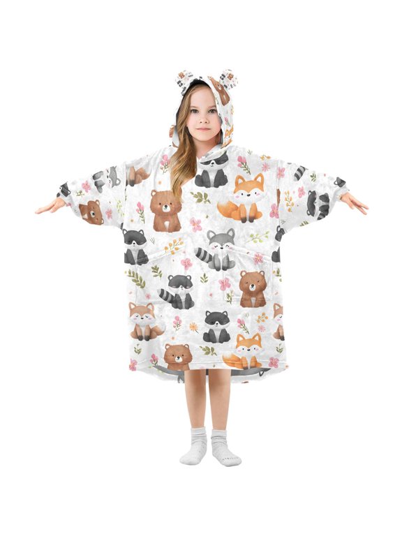 Wearable Blanket Hoodie for Cartoon Fox Flannel Hooded Blanket with Pockets and Sleeves Suitable