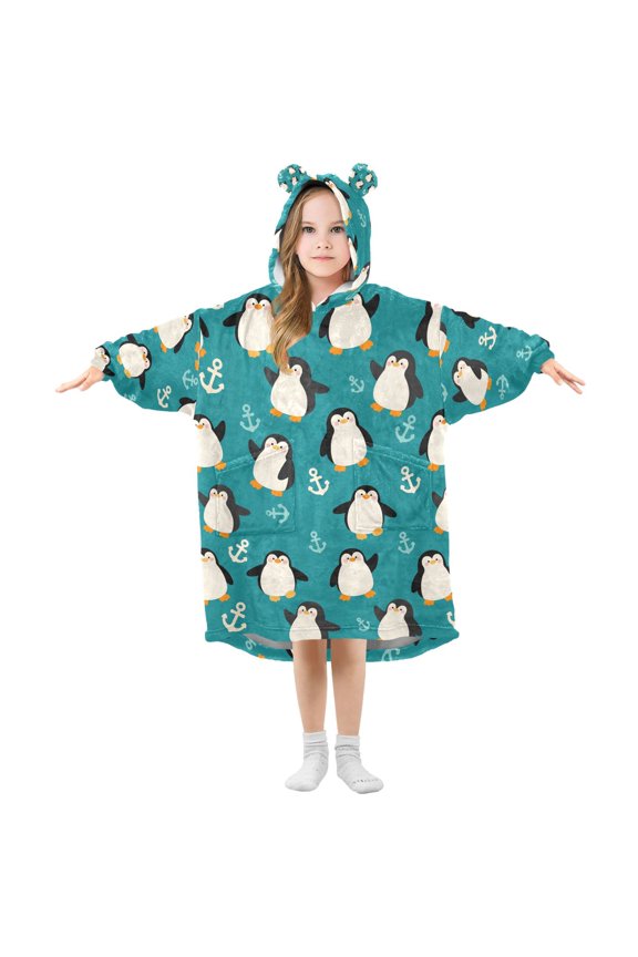 Wearable Blanket Hoodie for Cartoon Penguin and Anchor Flannel Hooded Blanket with Pockets and Sleeves Suitable