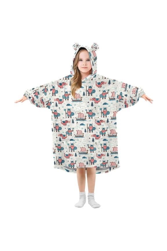 Wearable Blanket Hoodie for Cartoon Vikings and Dragon Flannel Hooded Blanket with Pockets and Sleeves Suitable