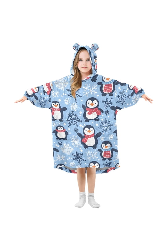 Wearable Blanket Hoodie for Christmas Penguin Flannel Hooded Blanket with Pockets and Sleeves Suitable