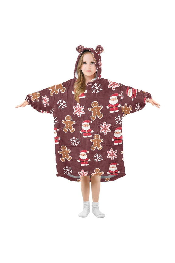 Wearable Blanket Hoodie for Cookies Santa Snowflakes Pattern Flannel Hooded Blanket with Pockets and Sleeves Suitable
