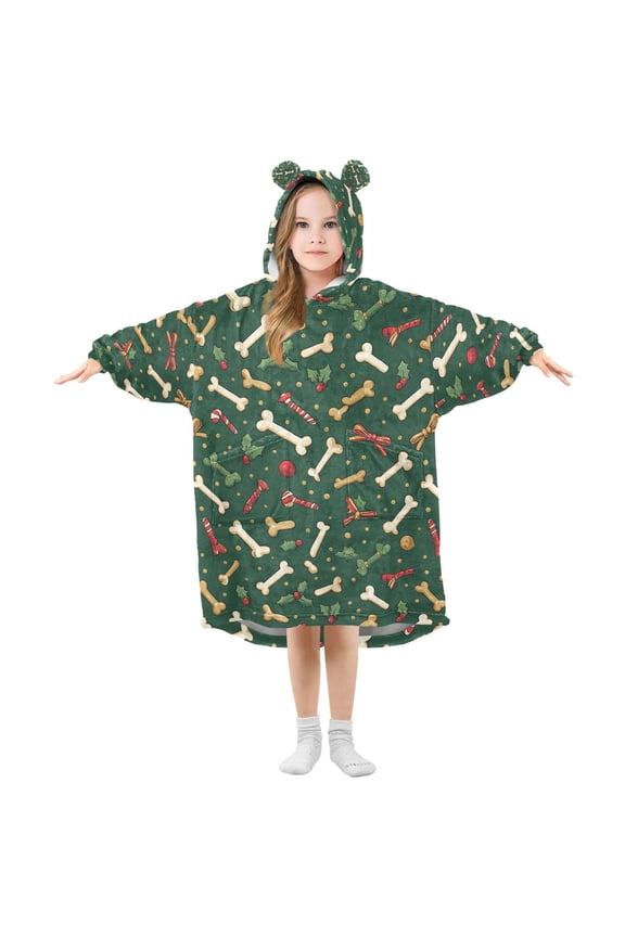 Wearable Blanket Hoodie for Cute Cartoon Bones Flannel Hooded Blanket with Pockets and Sleeves Suitable