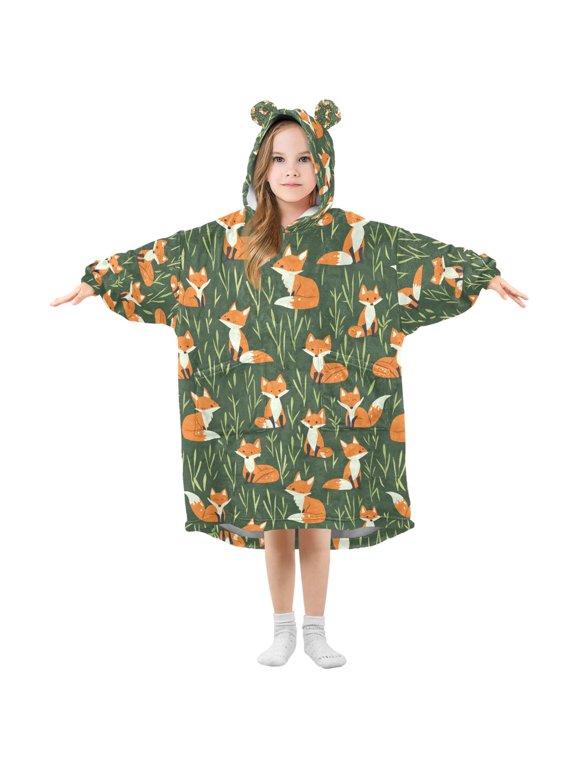 Wearable Blanket Hoodie for Cute Cartoon Fox Flannel Hooded Blanket with Pockets and Sleeves Suitable