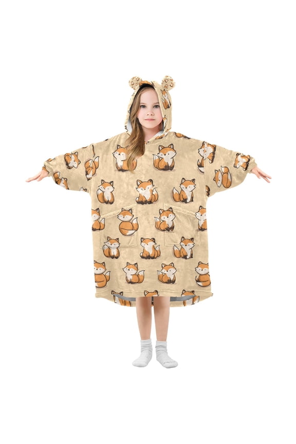Wearable Blanket Hoodie for Cute Little Fox Flannel Hooded Blanket with Pockets and Sleeves Suitable