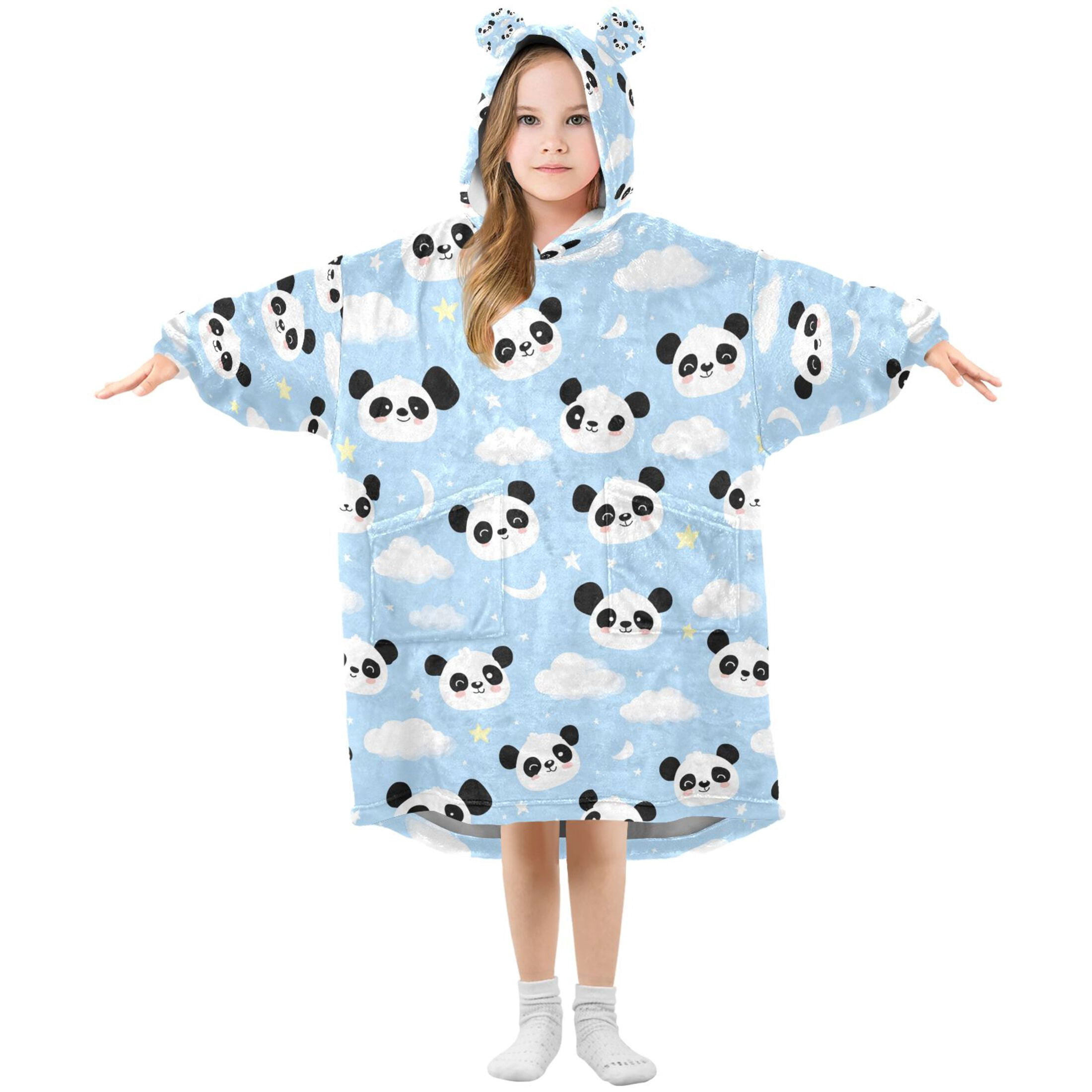Wearable Blanket Hoodie for Cute Panda Clouds and Stars Flannel Hooded Blanket with Pockets and Sleeves Suitable