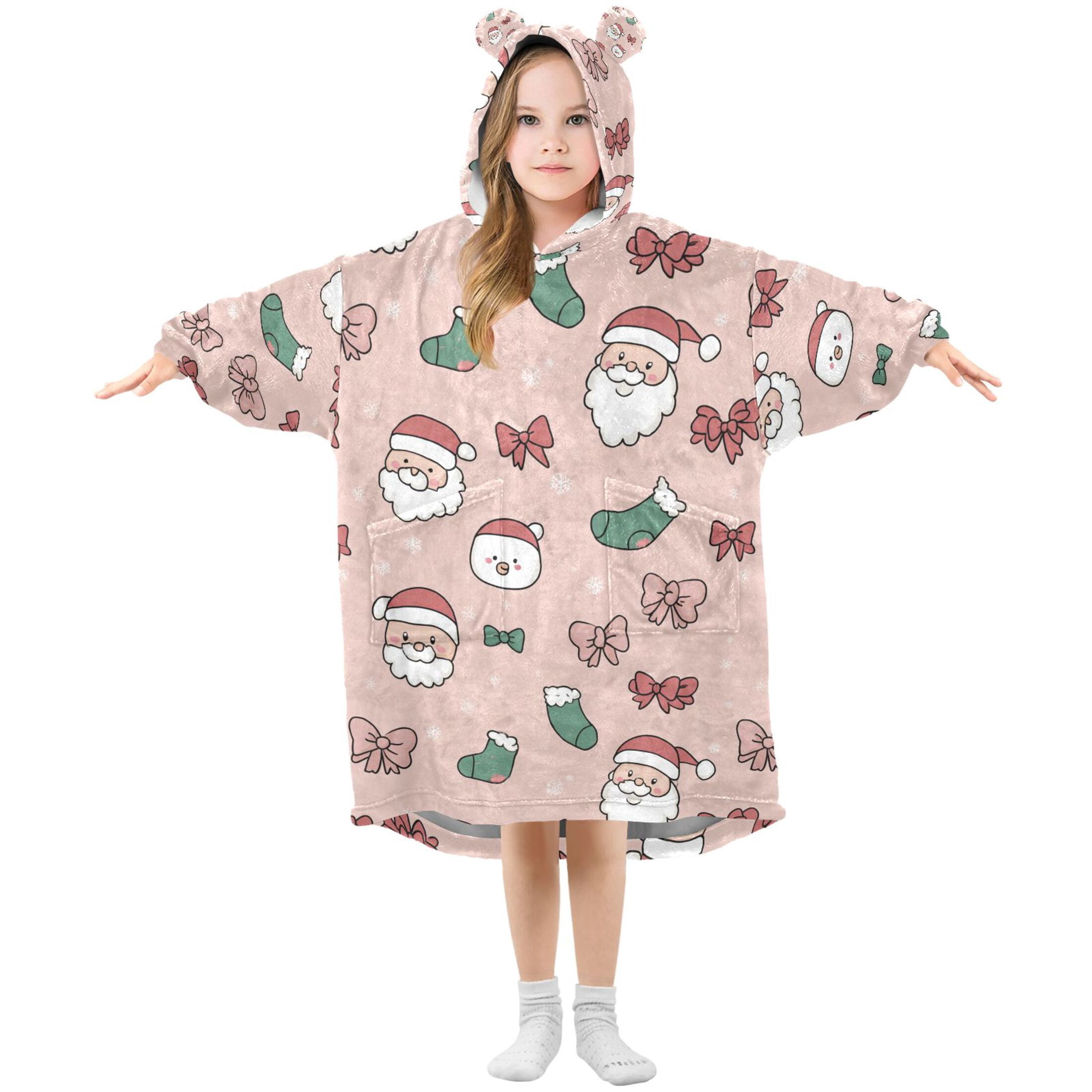 Wearable Blanket Hoodie for Cute Santa Claus and Bow Christmas Socks Flannel Hooded Blanket with Pockets and Sleeves Suitable