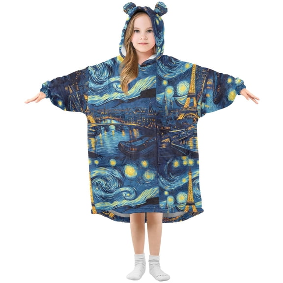 Wearable Blanket Hoodie for Eiffel Tower Vincent Van Gogh Flannel Hooded Blanket with Pockets and Sleeves Suitable