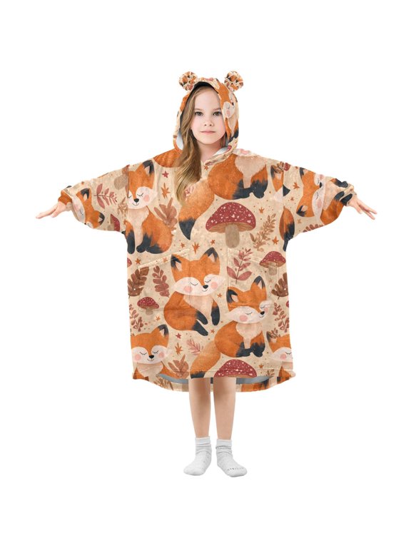 Wearable Blanket Hoodie for Forest Fox Flannel Hooded Blanket with Pockets and Sleeves Suitable