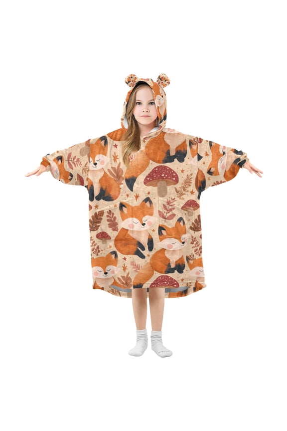Wearable Blanket Hoodie for Forest Fox Flannel Hooded Blanket with Pockets and Sleeves Suitable