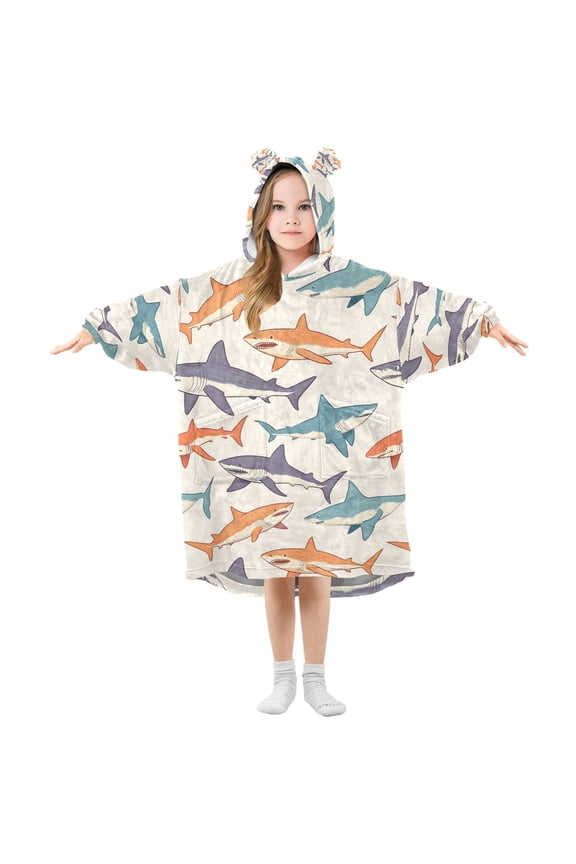 Wearable Blanket Hoodie for Hand Drawn Shark Pattern Flannel Hooded Blanket with Pockets and Sleeves Suitable