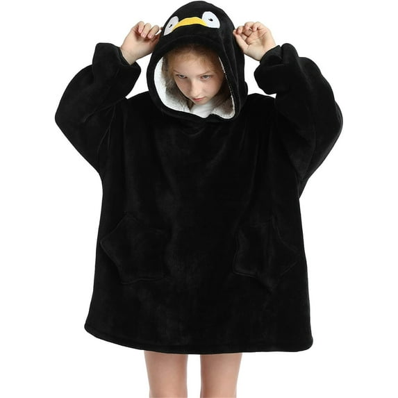 Wearable Blanket Hoodie for Kids 4-12YR Oversized Animal Hooded Blanket Super Soft Comfortable Warm Flannel Penguin