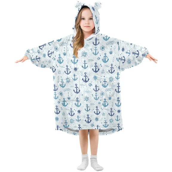 Wearable Blanket Hoodie for Kids Anchor Flannel Hooded Blanket with Pockets and Sleeves Suitable for Boys and Girls