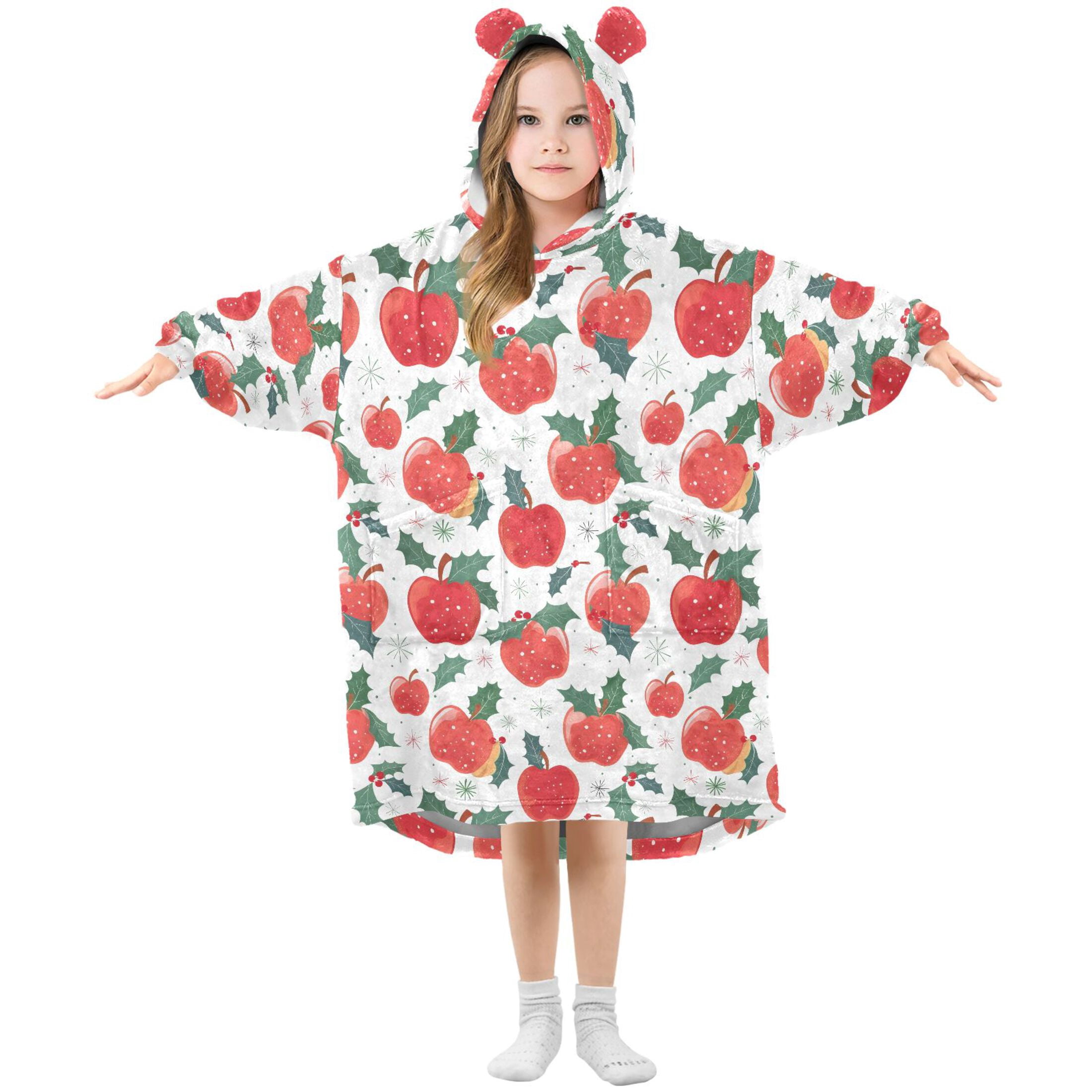 Wearable Blanket Hoodie for Kids Apple Snow Flannel Hooded Blanket with Pockets and Sleeves Suitable for Boys and Girls