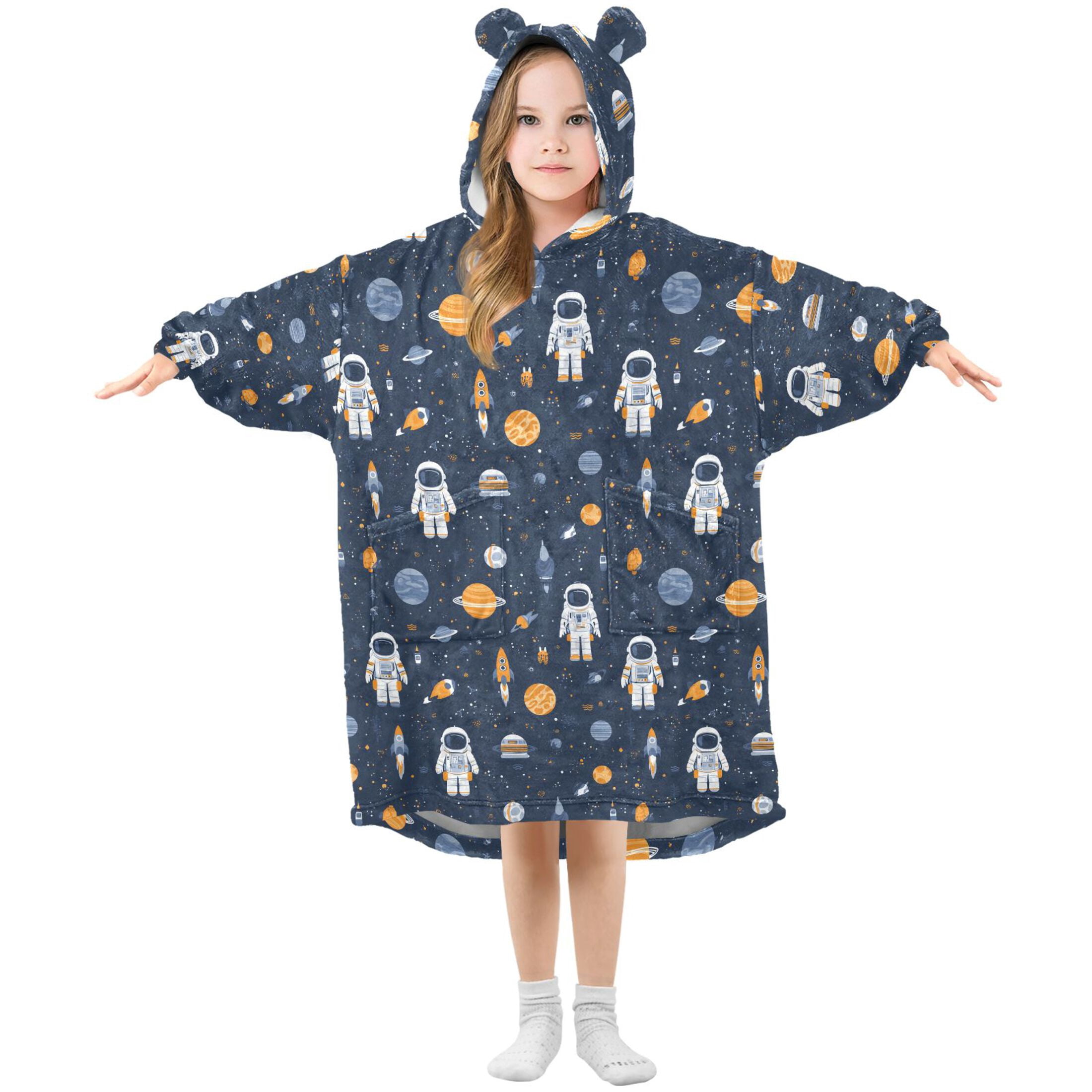 Wearable Blanket Hoodie for Kids Astronaut Star Flannel Hooded Blanket with Pockets and Sleeves Suitable for Boys and Girls
