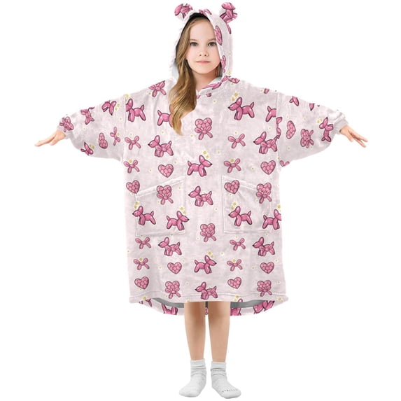 Wearable Blanket Hoodie for Kids Balloon Daisy Dog Pattern Flannel Hooded Blanket with Pockets and Sleeves Suitable for Boys and Girls