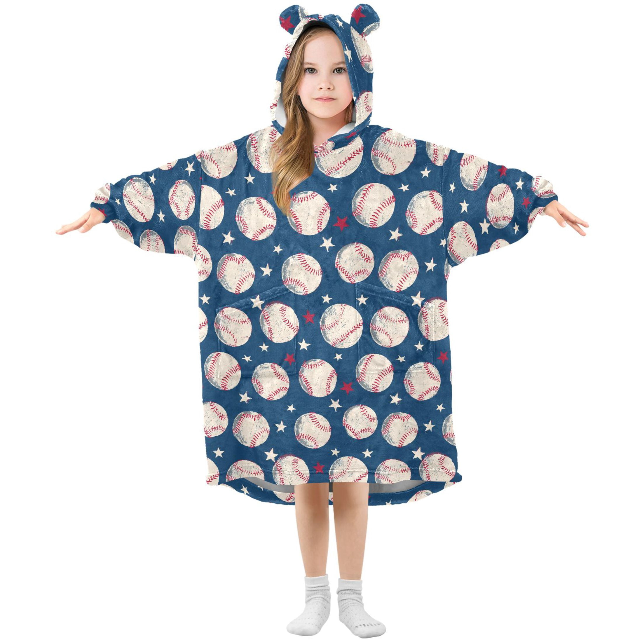 Wearable Blanket Hoodie for Kids Baseball Flannel Hooded Blanket with Pockets and Sleeves Suitable for Boys and Girls